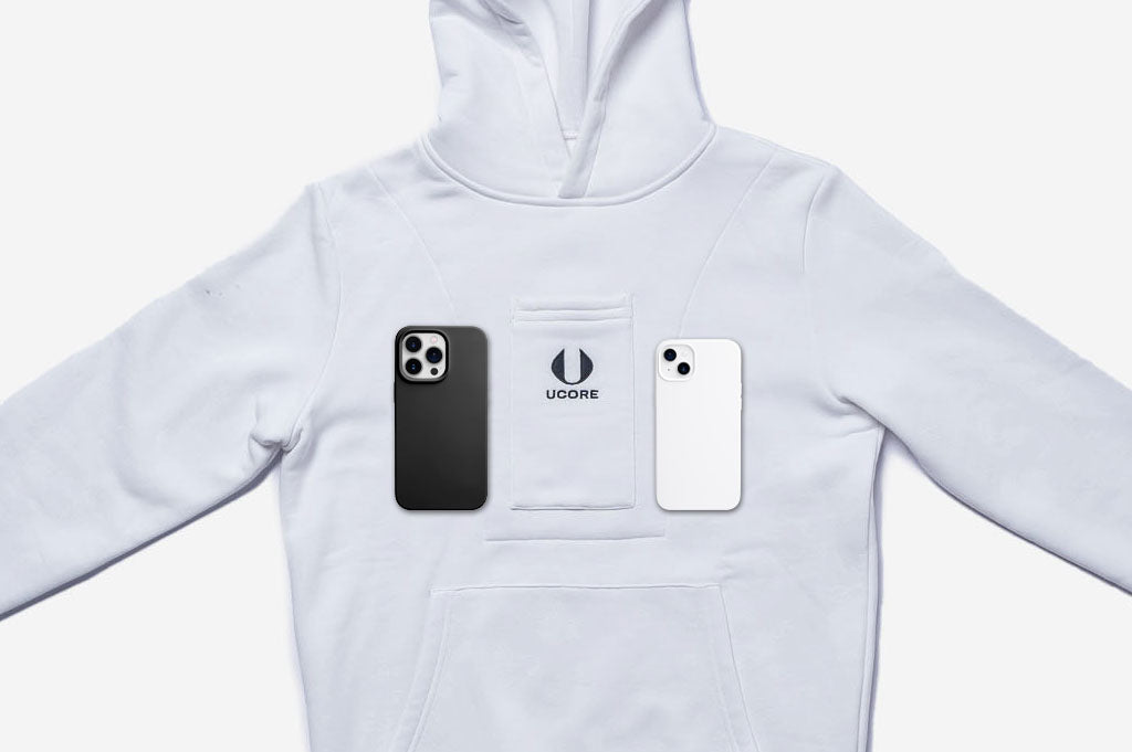 white ucore hoodie with phone's for scale