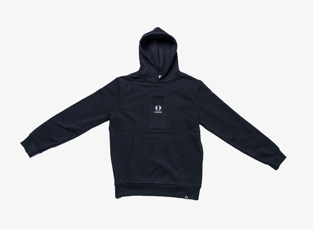 men's black hoodie by ucore with central phone pocket