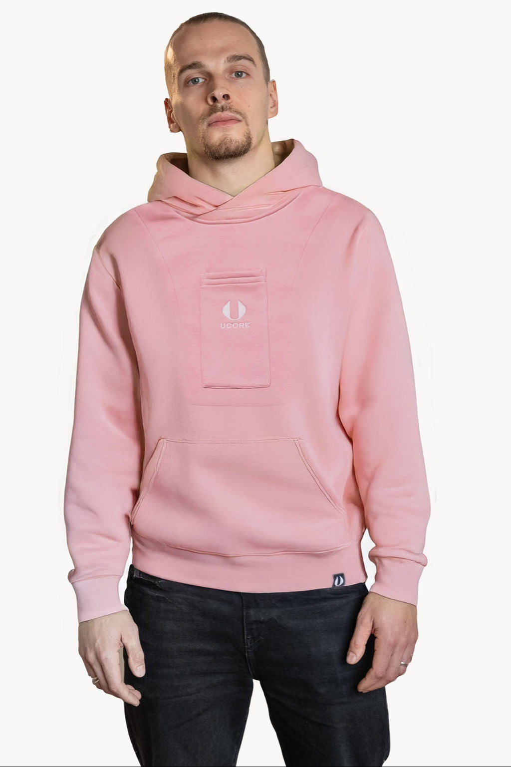men's dusky pink hoodie by ucore with multiple pockets