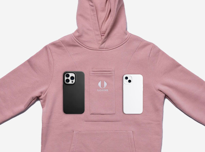 mens dusky pink hoodie by ucore showing phone pocket sizes