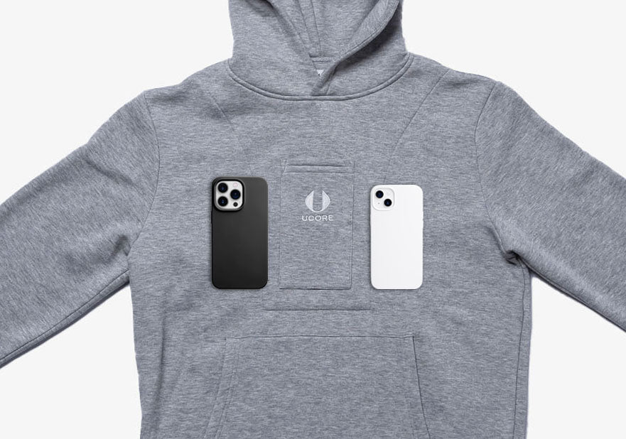 men's grey hoodie by ucore demonstrating phone pocket size