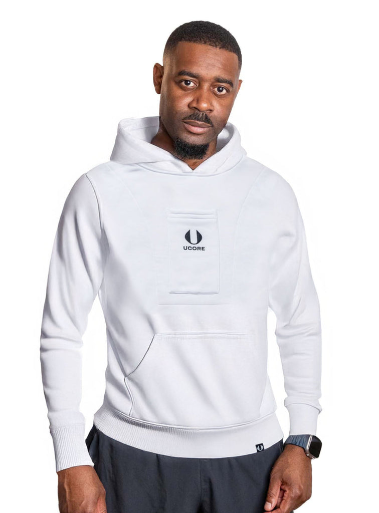 men's white hoodie made by ucore with multiple pockets