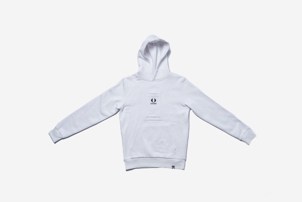 ucore men's white hoodie with central phone pocket