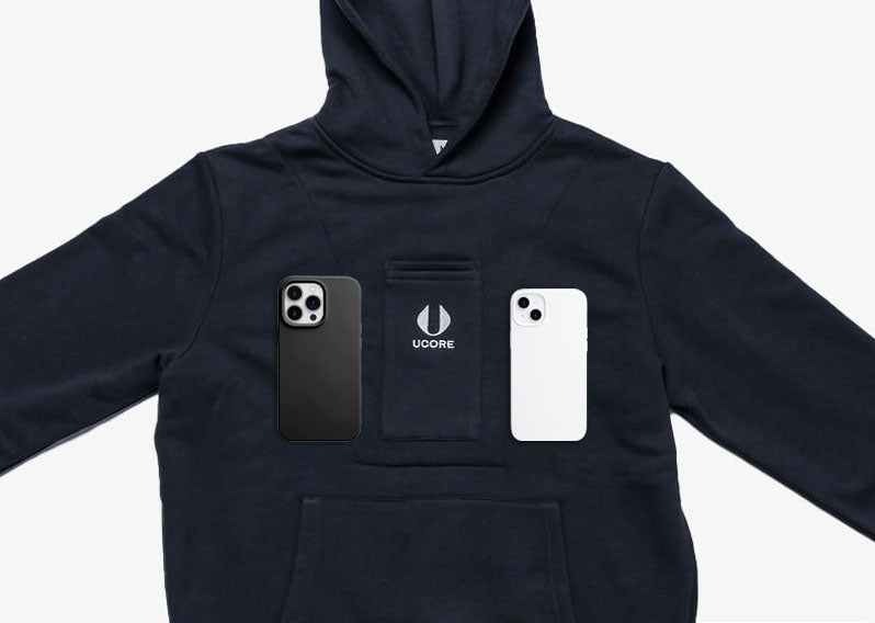 ucore women's black hoodie showing phone pocket sizes