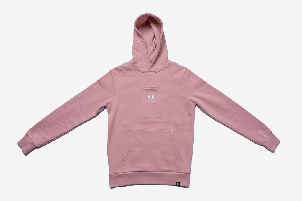 women's dusky pink hoodie by ucore with central chest phone pocket